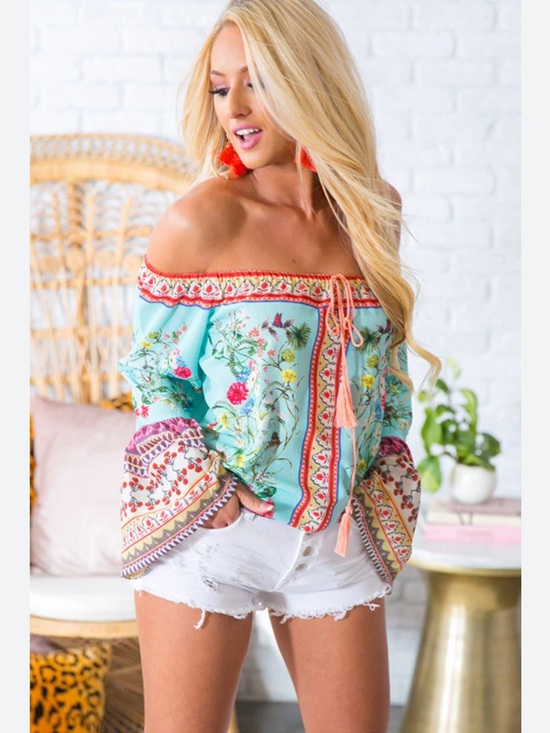 Umgee Tops - Umgee Mint Off-Shoulder Floral Peasant Blouse with Coral Trim